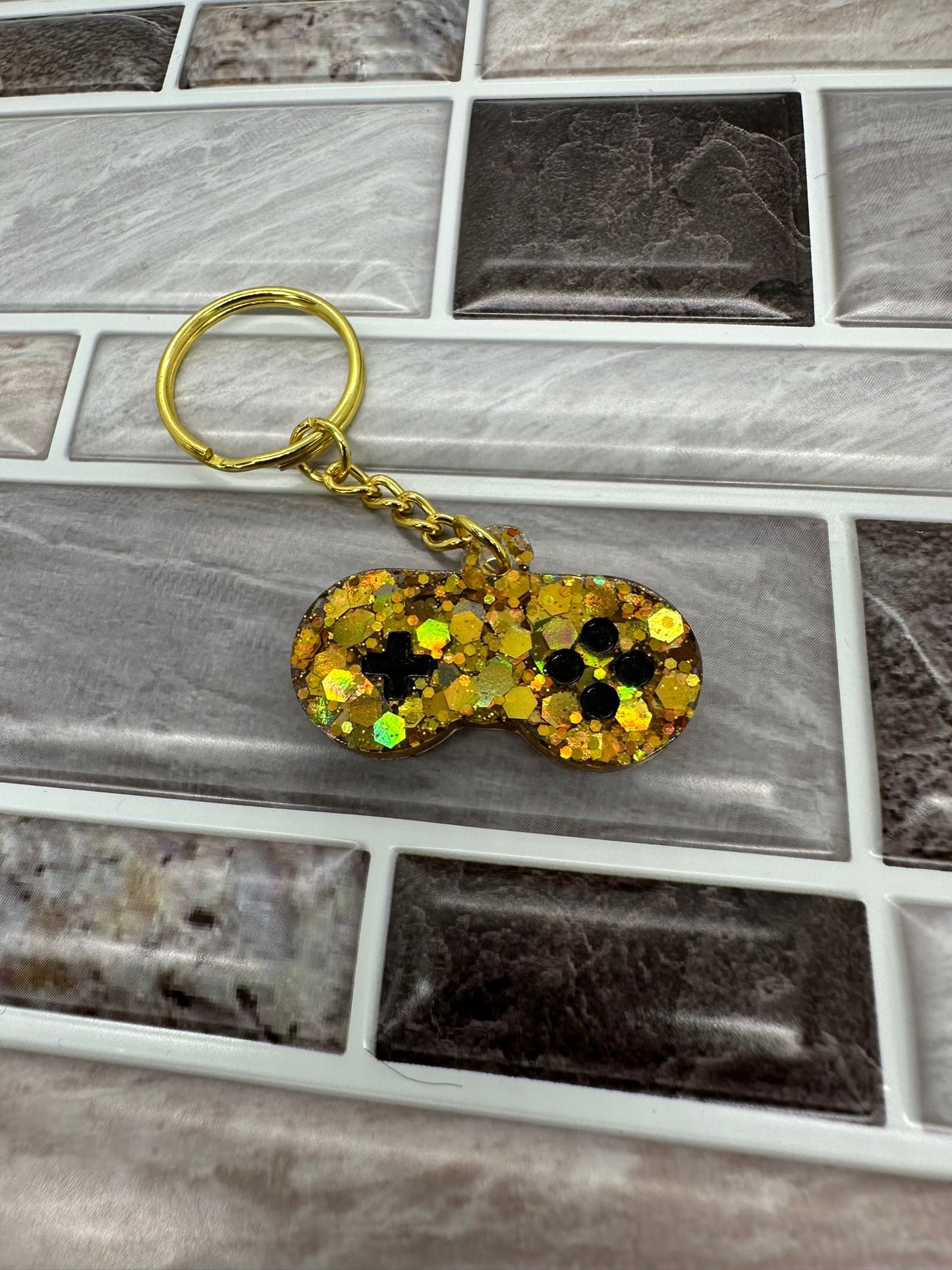 Glitter Gold and Black Gamer Keychain