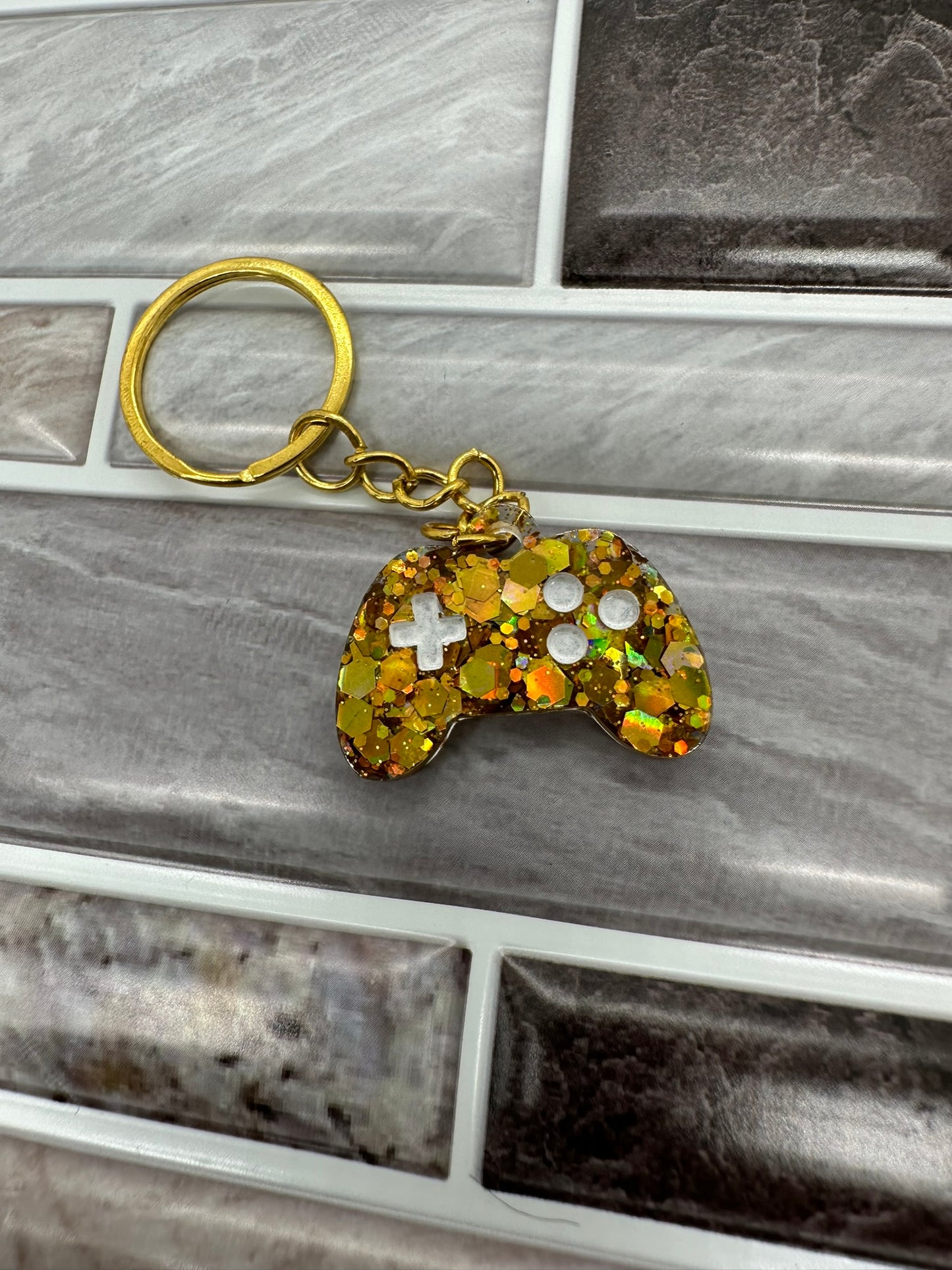 Glitter Gold and White Gamer Keychain