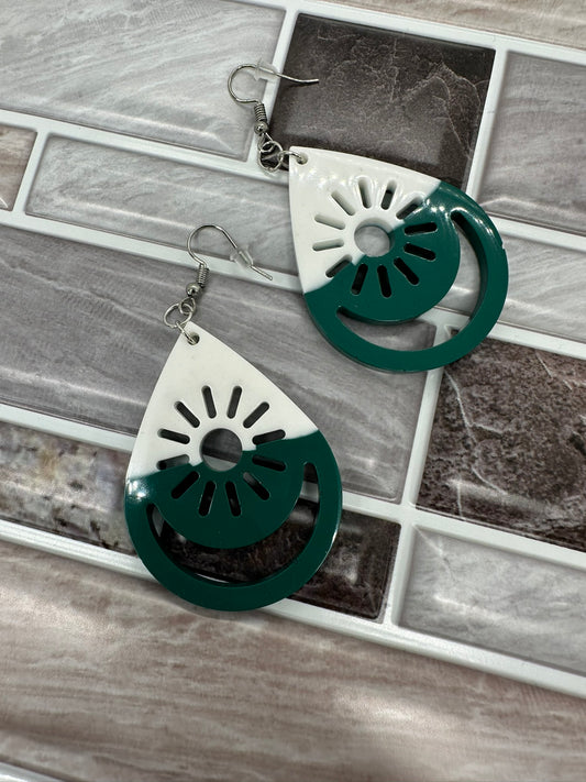 Green and White Sun Teardrop Earrings