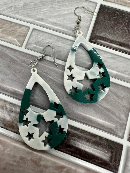 Green and White Star Teardrop Earrings