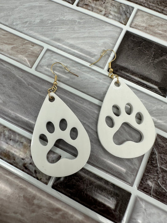 Elegant White Teardrop Paw Print Earrings