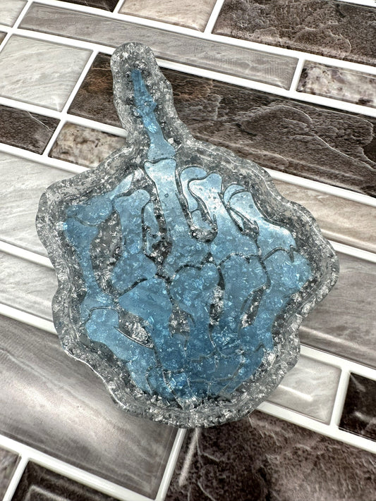 Silver and Blue Middle Finger Resin Trinket Tray