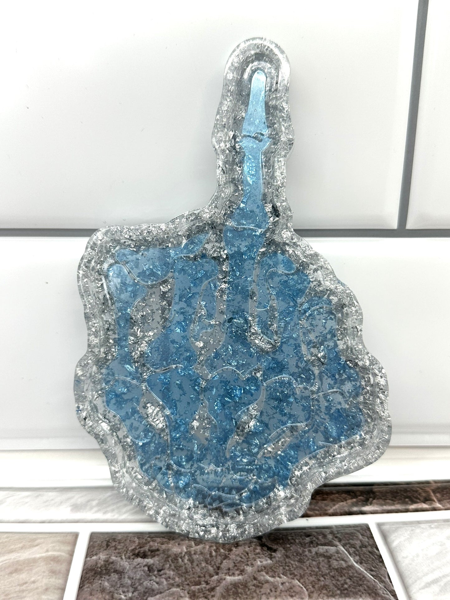 Silver and Blue Middle Finger Resin Trinket Tray