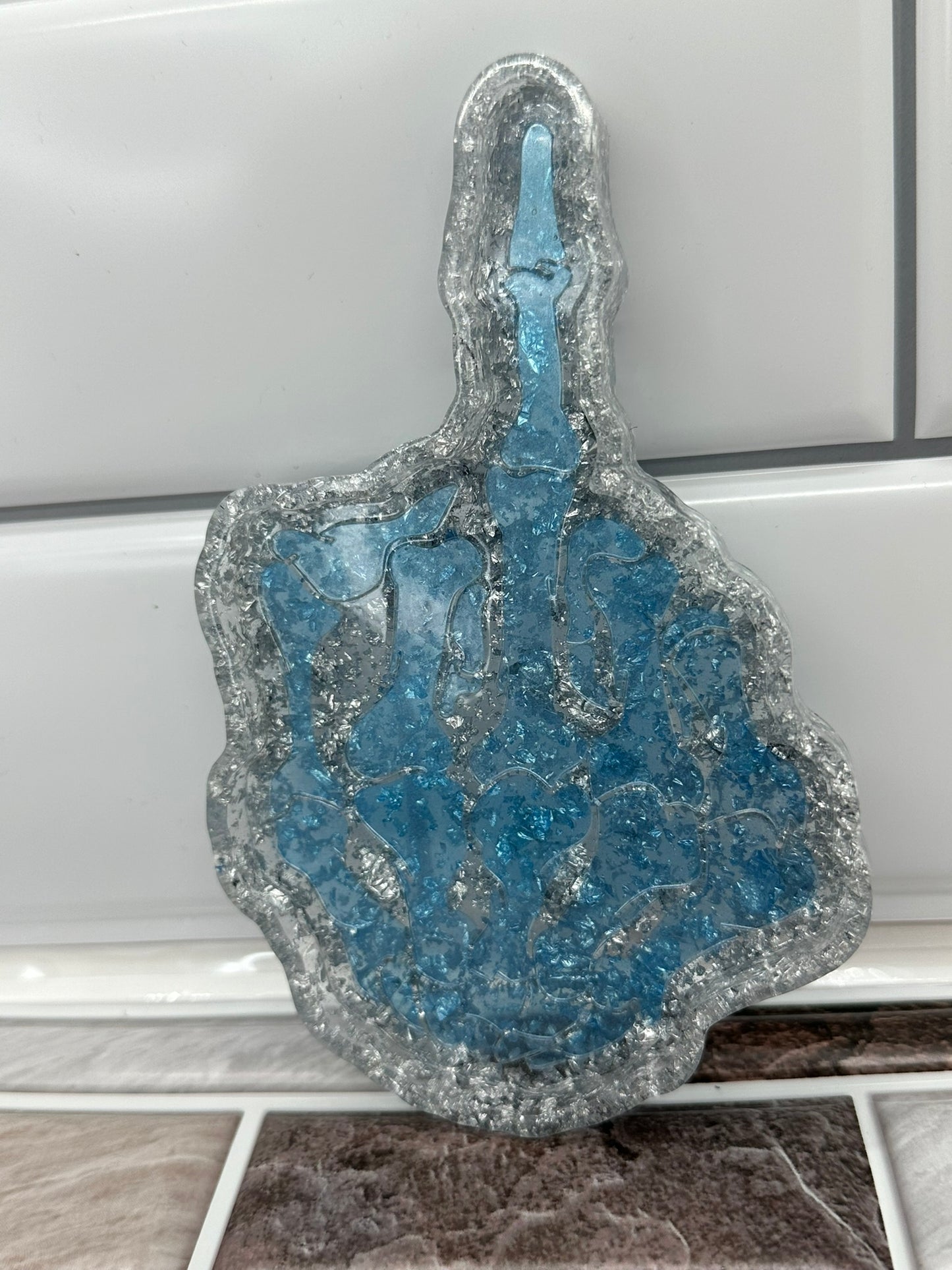 Silver and Blue Middle Finger Resin Trinket Tray