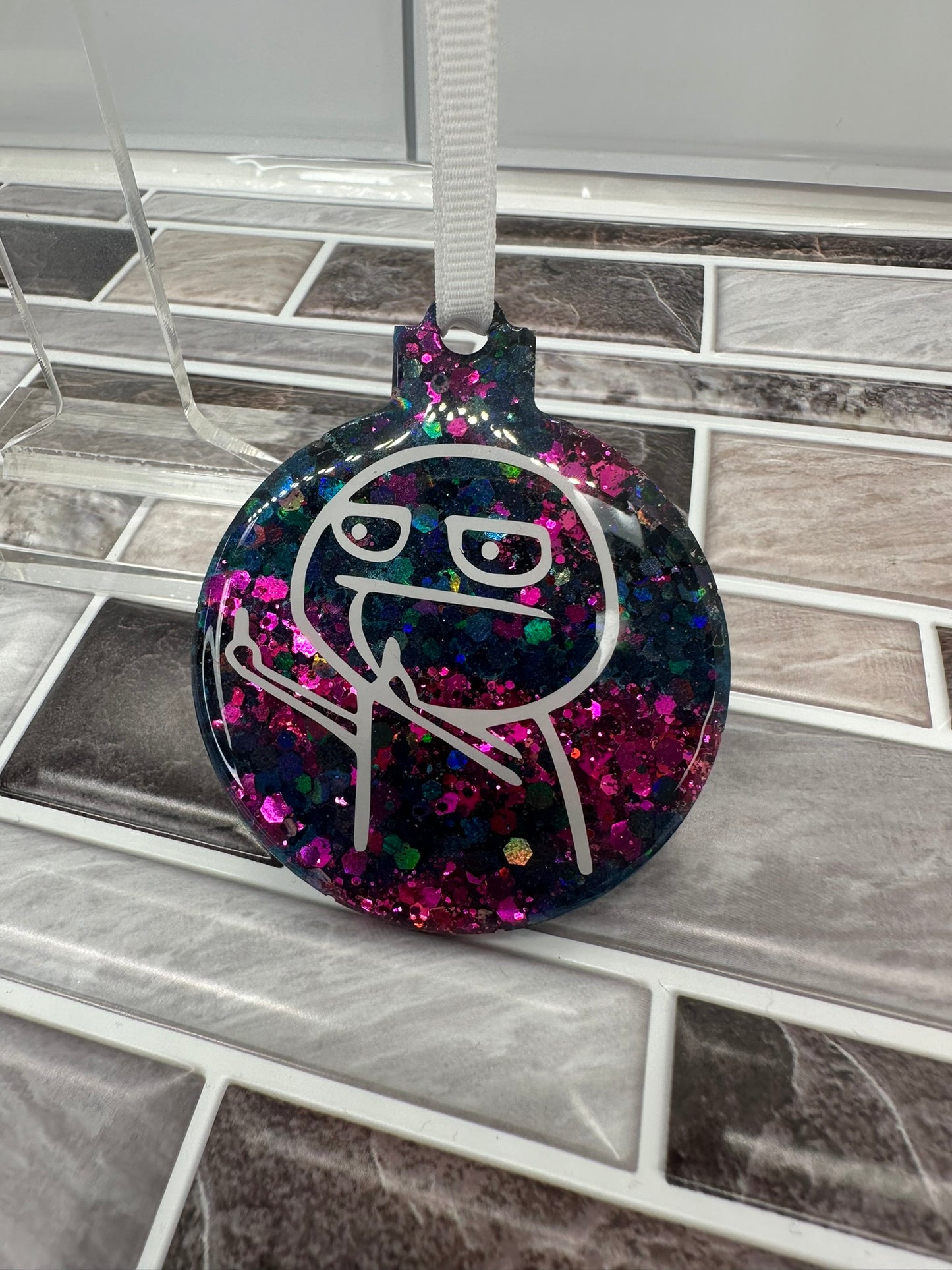 Blue and Pink Glitter F U Guy Ornament