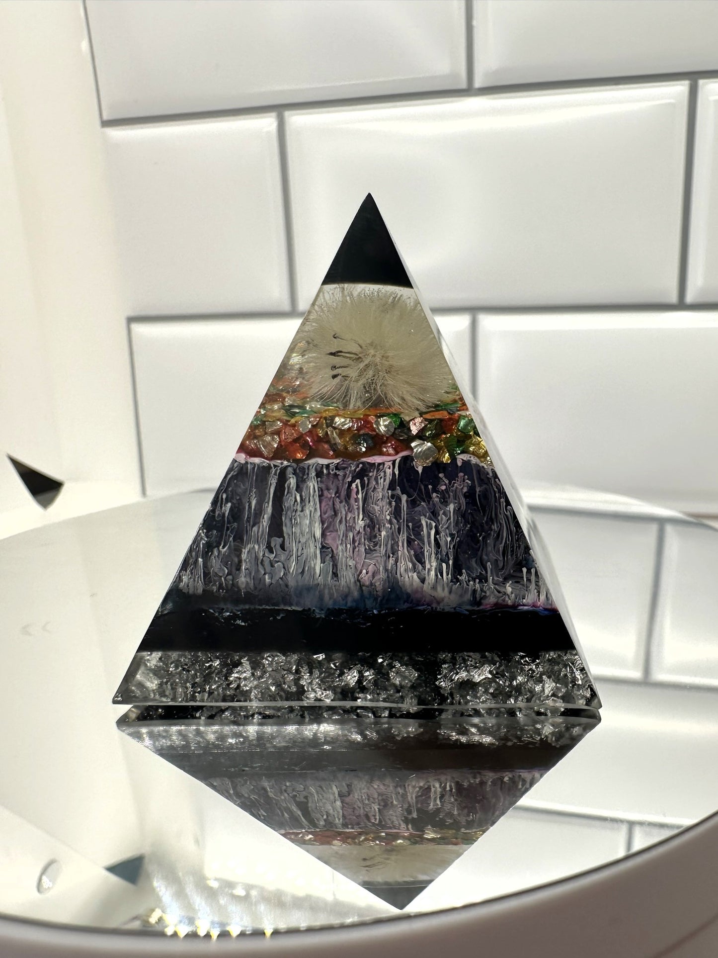 Dandelion in Petri Dish Resin Pyramid