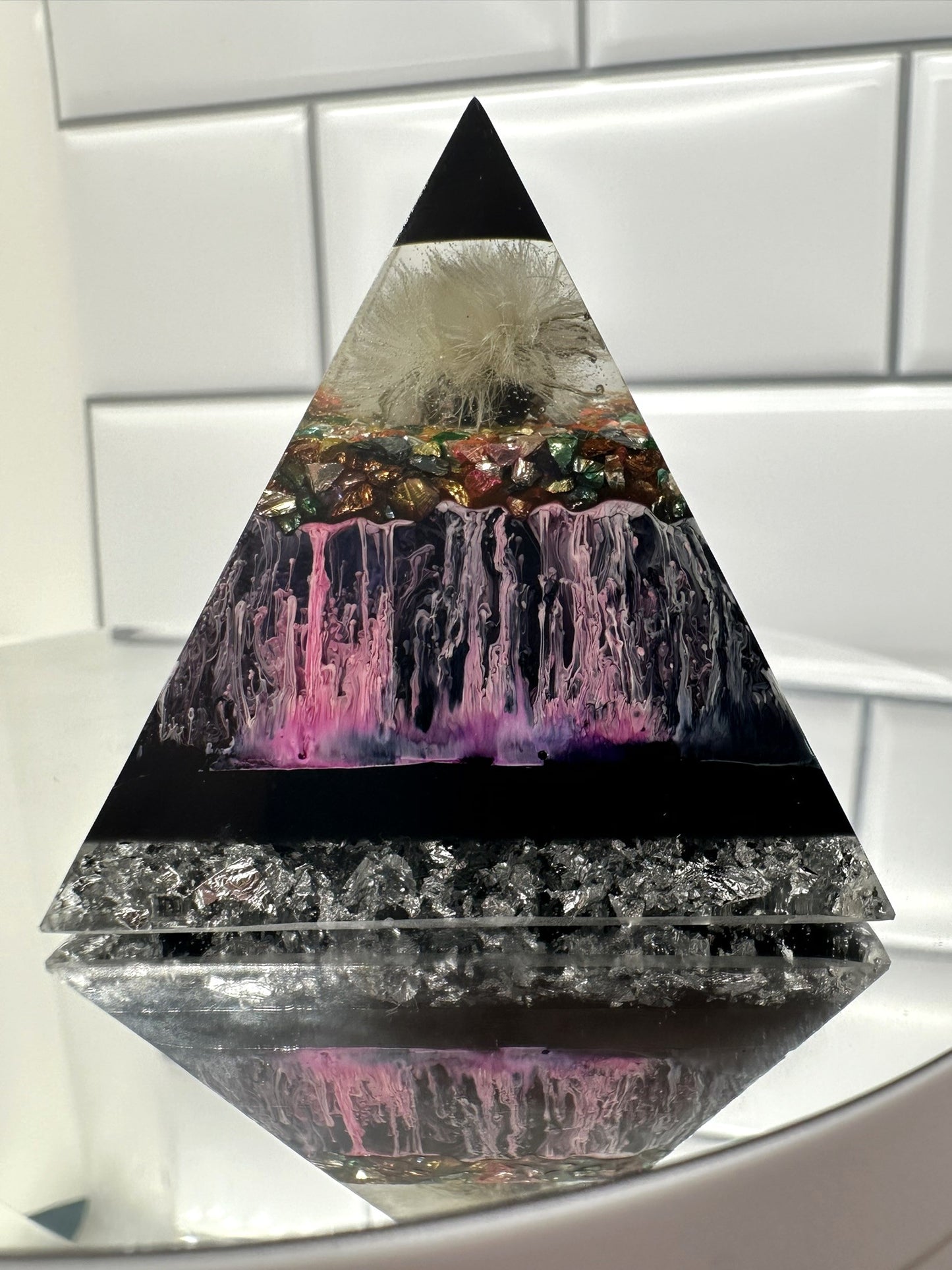 Dandelion in Petri Dish Resin Pyramid