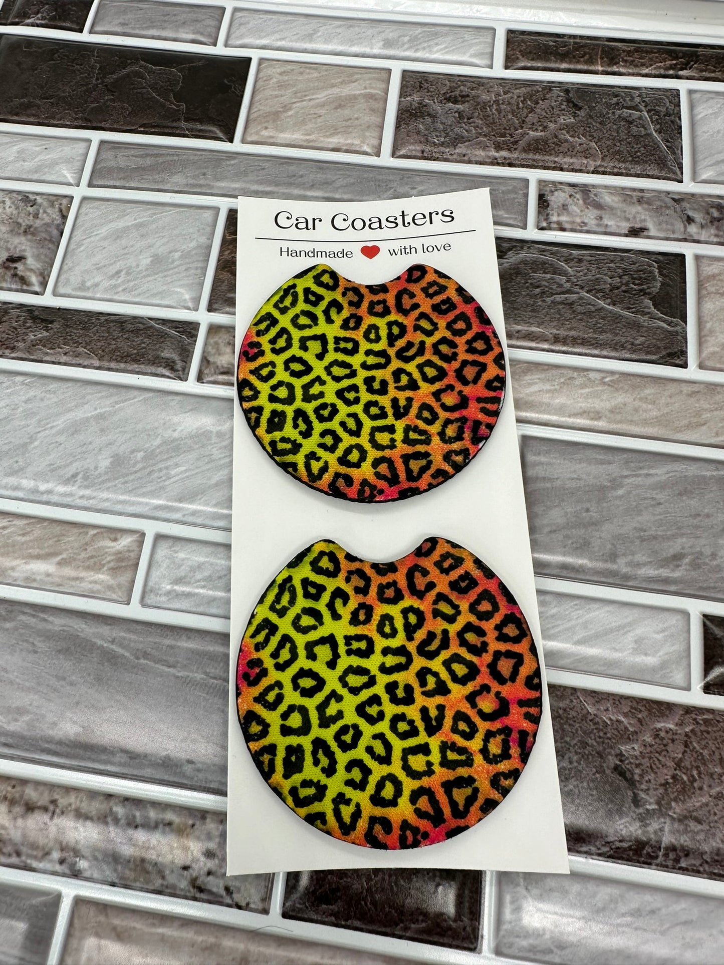 Yellow/Orange Leopard Print Neoprene Car Coaster