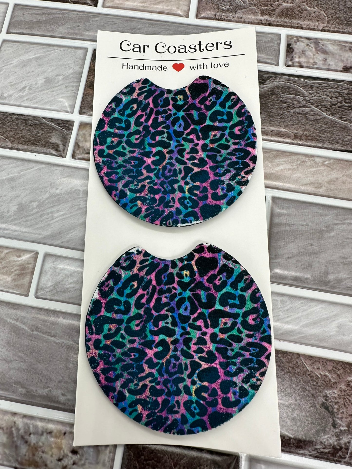 Blue Pink Green Cheetah Print Neoprene Car Coaster