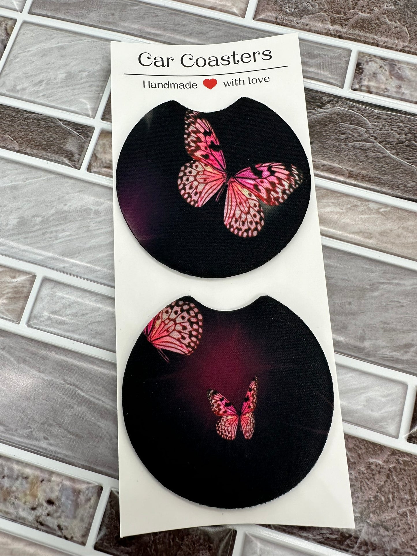 Pink Butterfly Neoprene Car Coaster