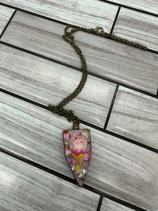 Whimsical Pink Ice Cream Cone Resin Necklace