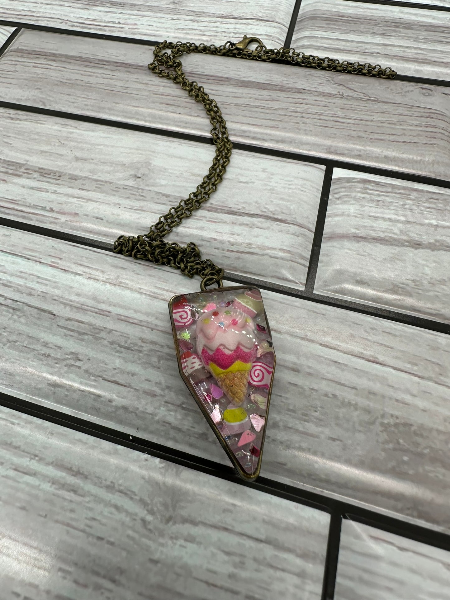 Whimsical Pink Ice Cream Cone Resin Necklace