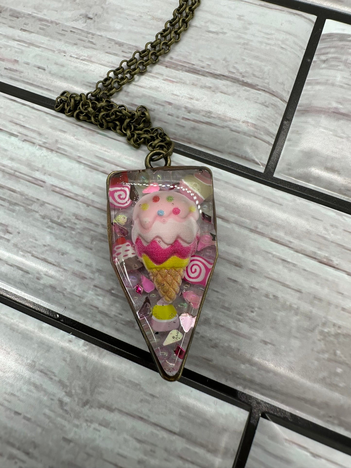 Whimsical Pink Ice Cream Cone Resin Necklace