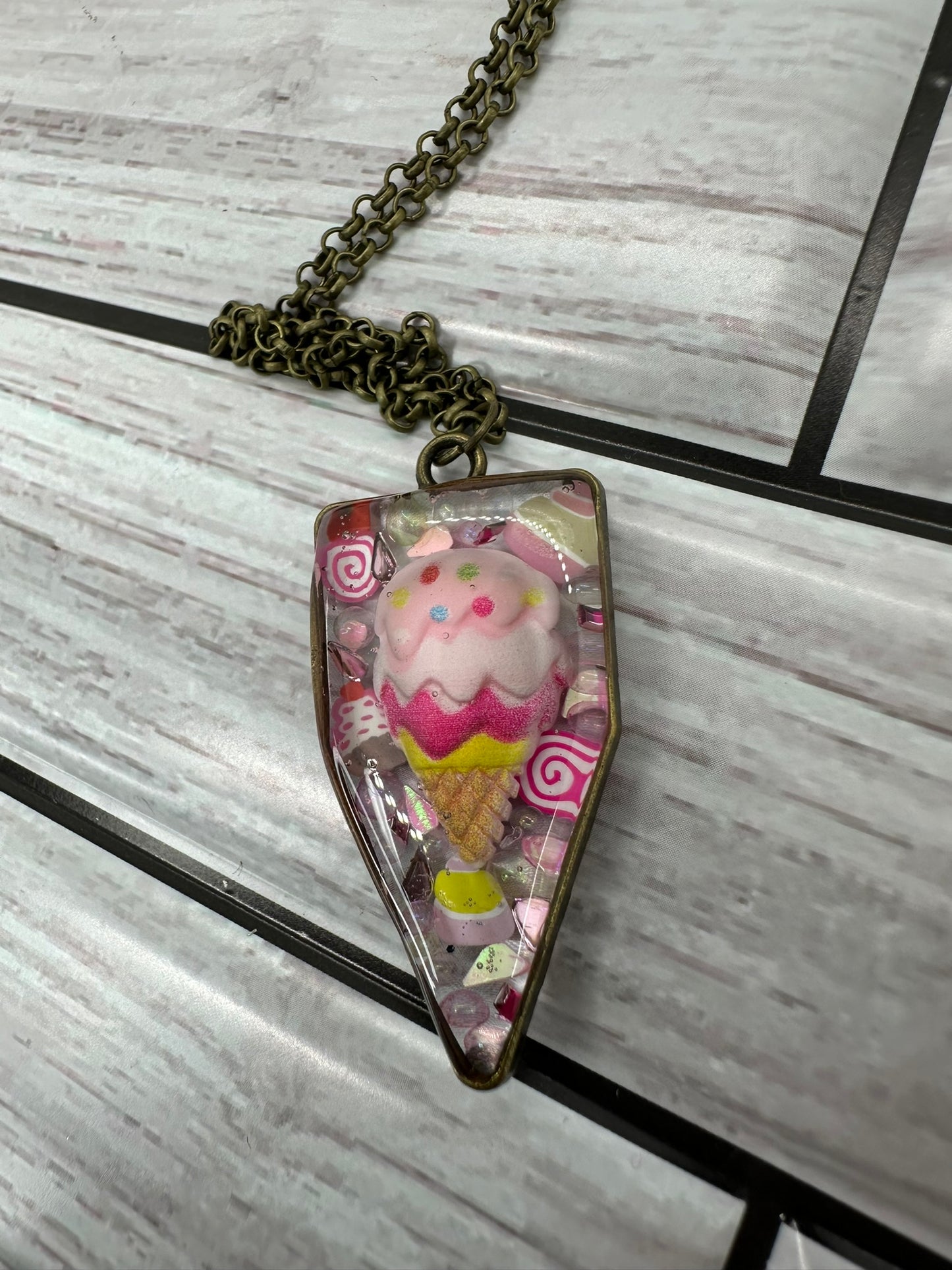 Whimsical Pink Ice Cream Cone Resin Necklace