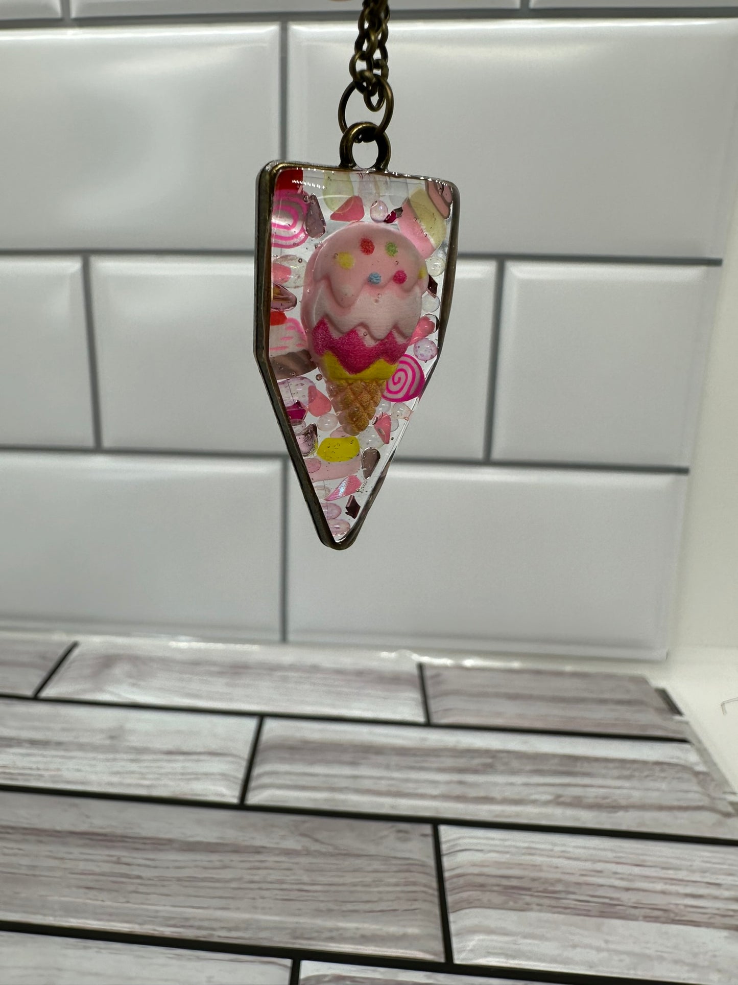 Whimsical Pink Ice Cream Cone Resin Necklace