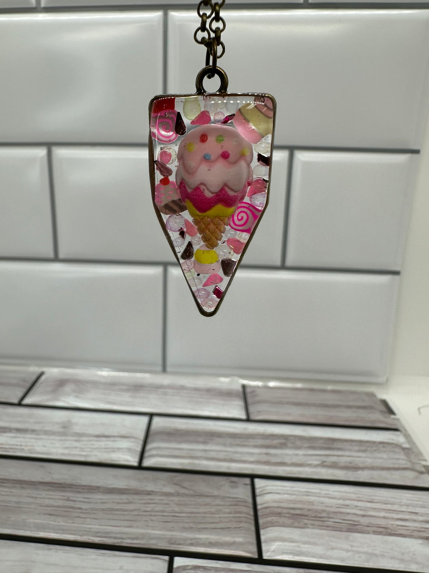 Whimsical Pink Ice Cream Cone Resin Necklace