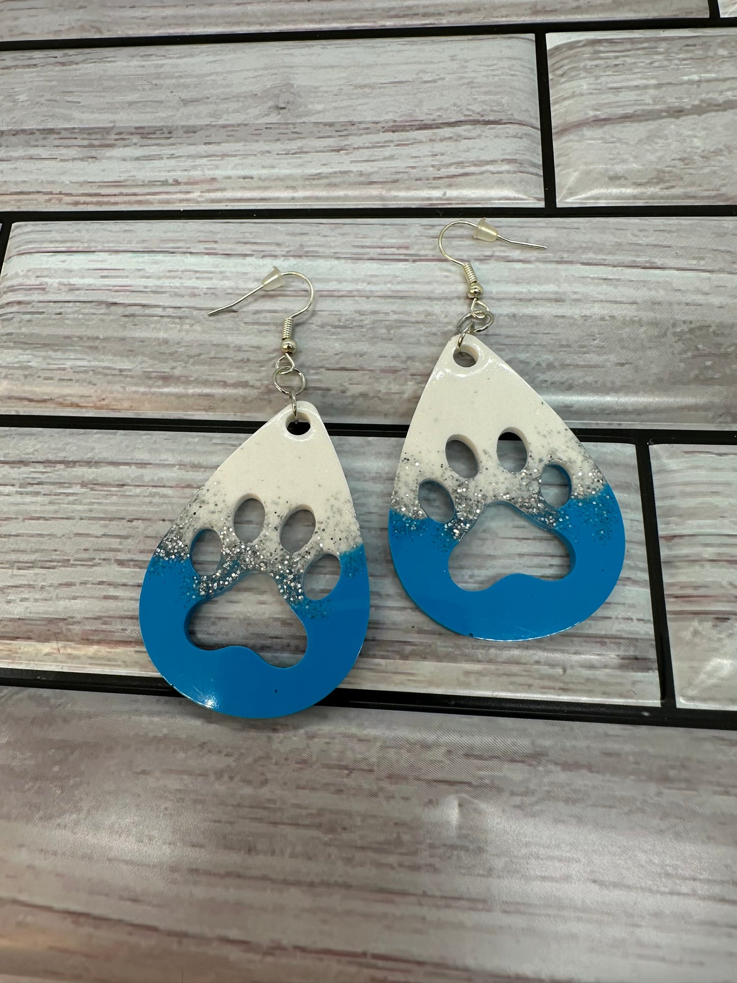 Blue and White with Glitter Paw Print Resin Earrings