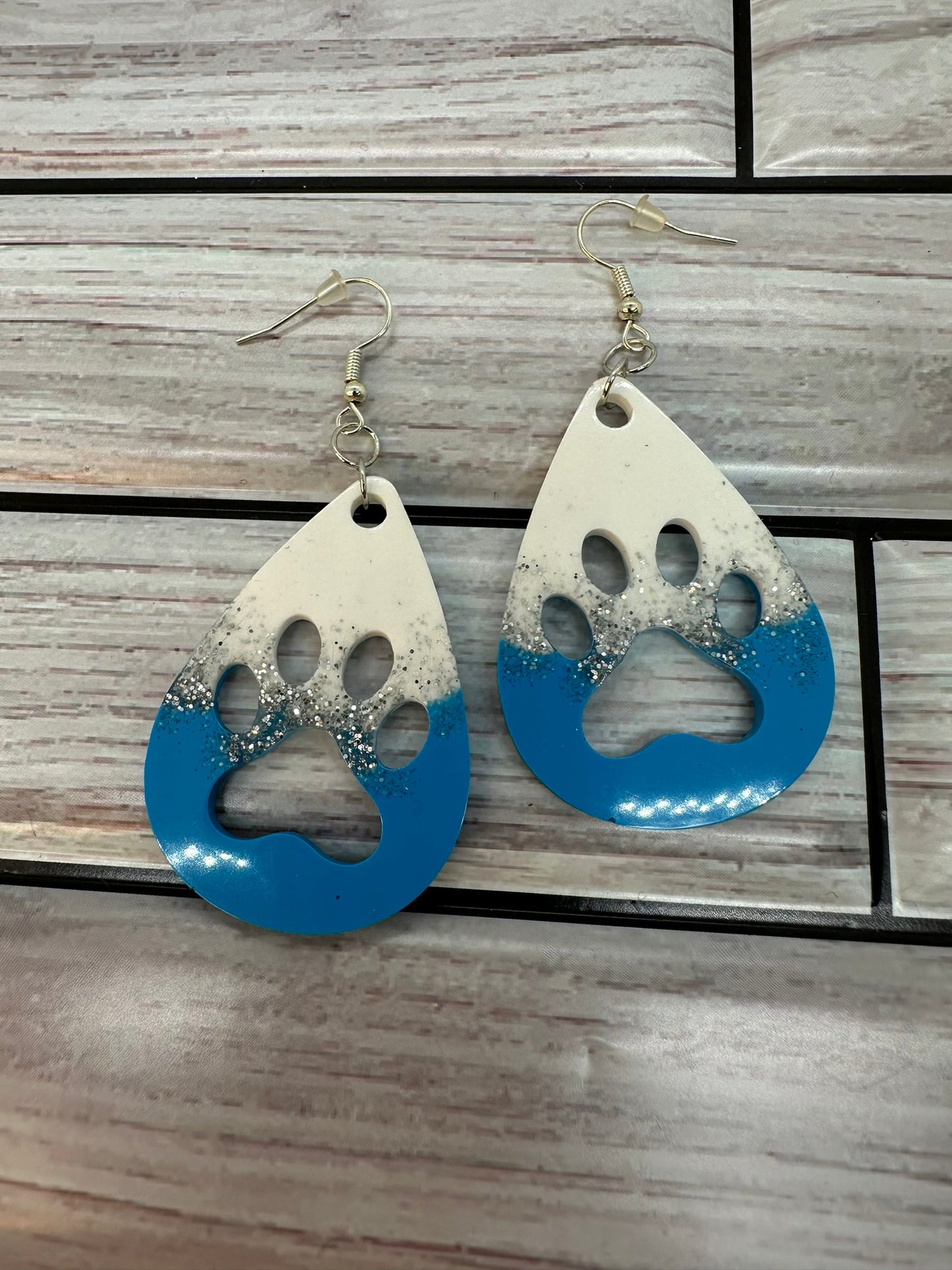 Blue and White with Glitter Paw Print Resin Earrings