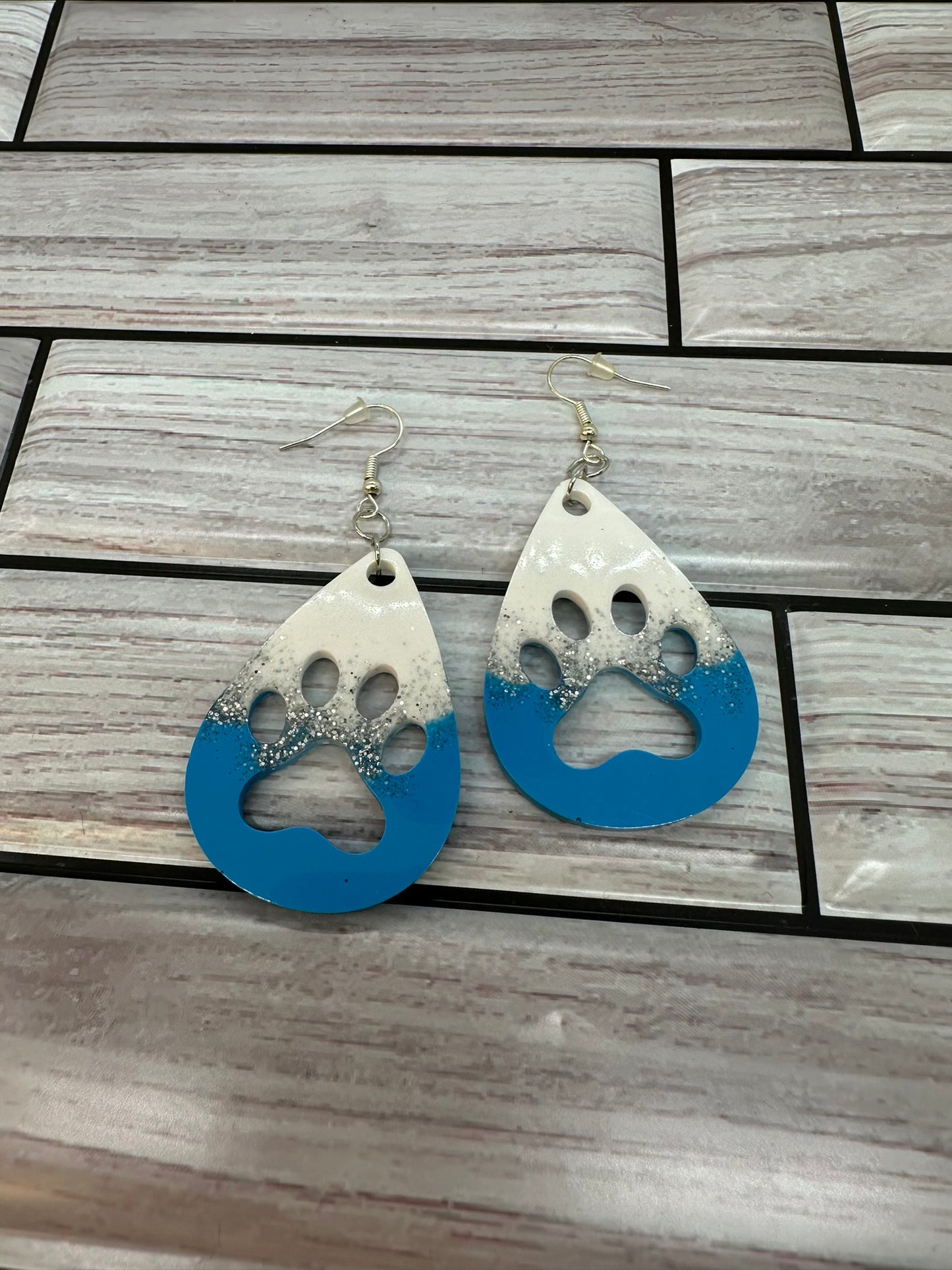 Blue and White with Glitter Paw Print Resin Earrings