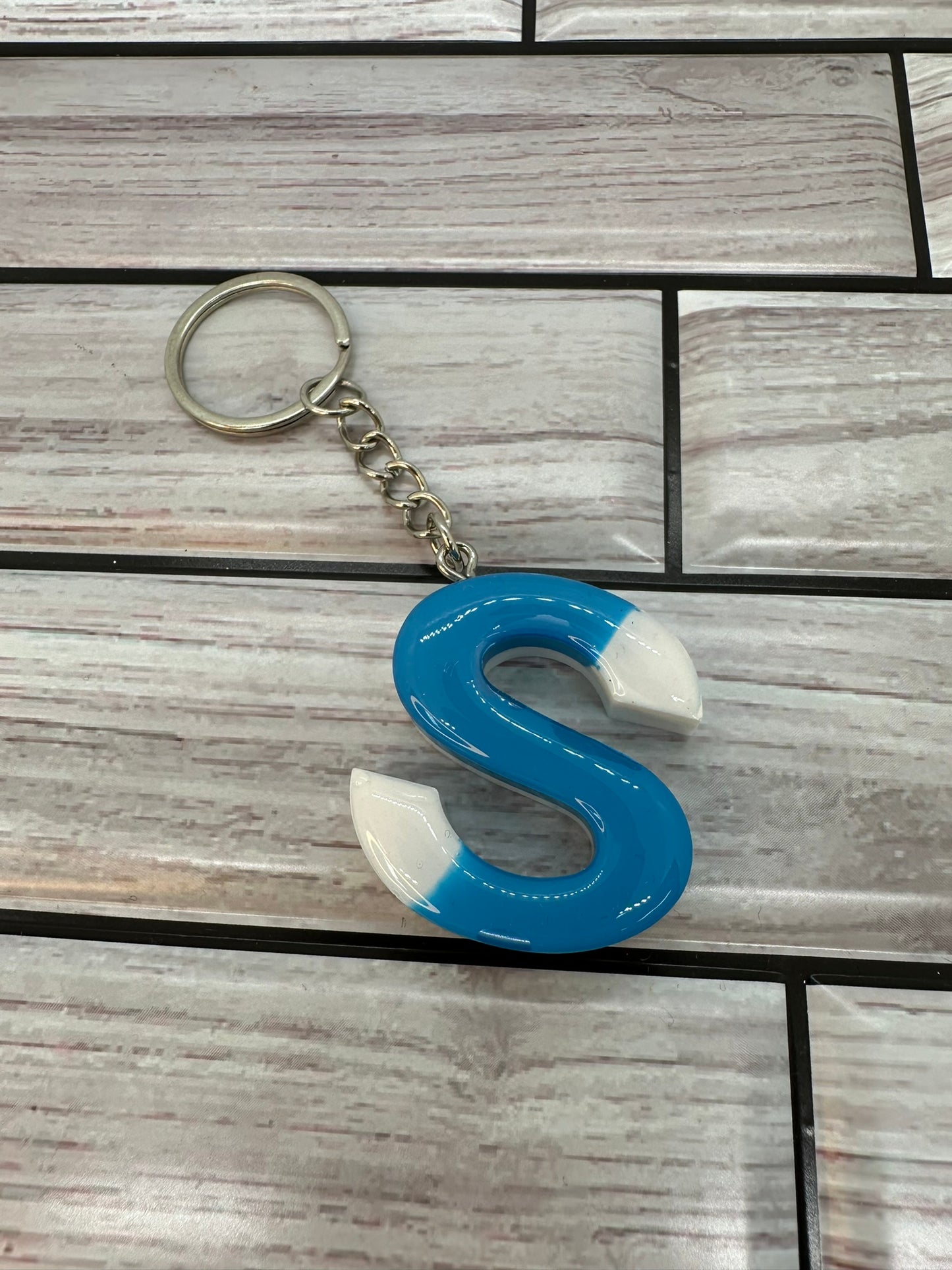 Light Blue Swirled Resin Letter S Keychain