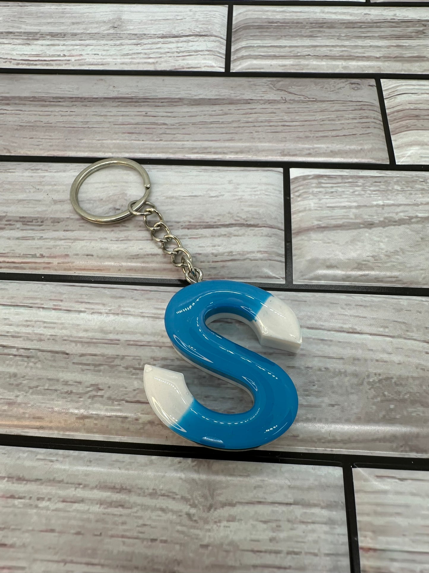 Light Blue Swirled Resin Letter S Keychain