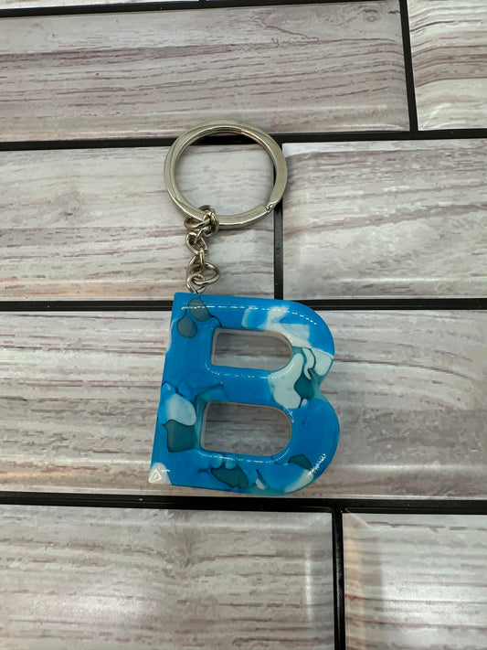 Blue, White, and Grey Swirled Resin Letter B Keychain