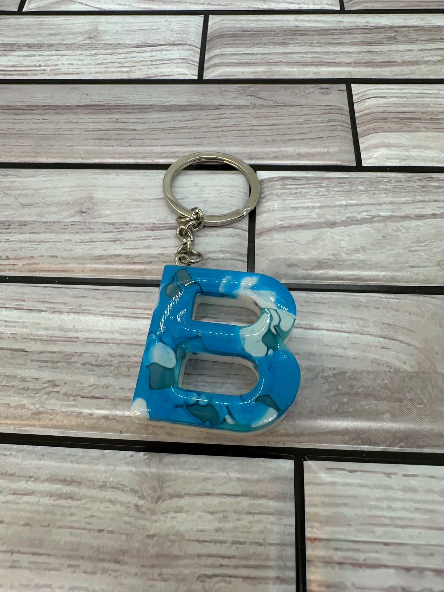 Blue, White, and Grey Swirled Resin Letter B Keychain