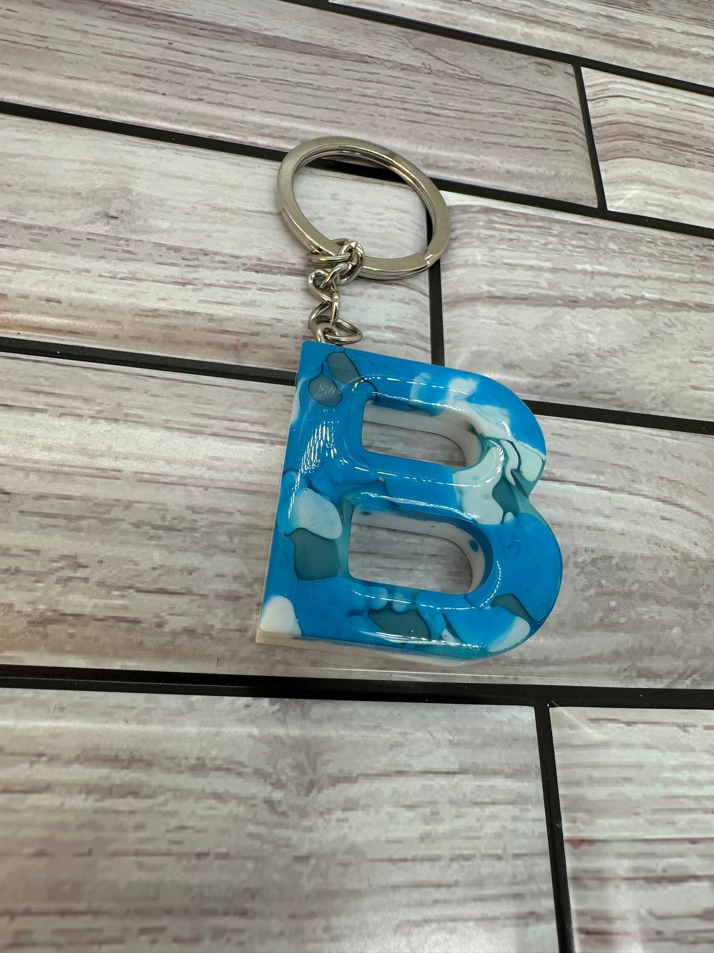 Blue, White, and Grey Swirled Resin Letter B Keychain