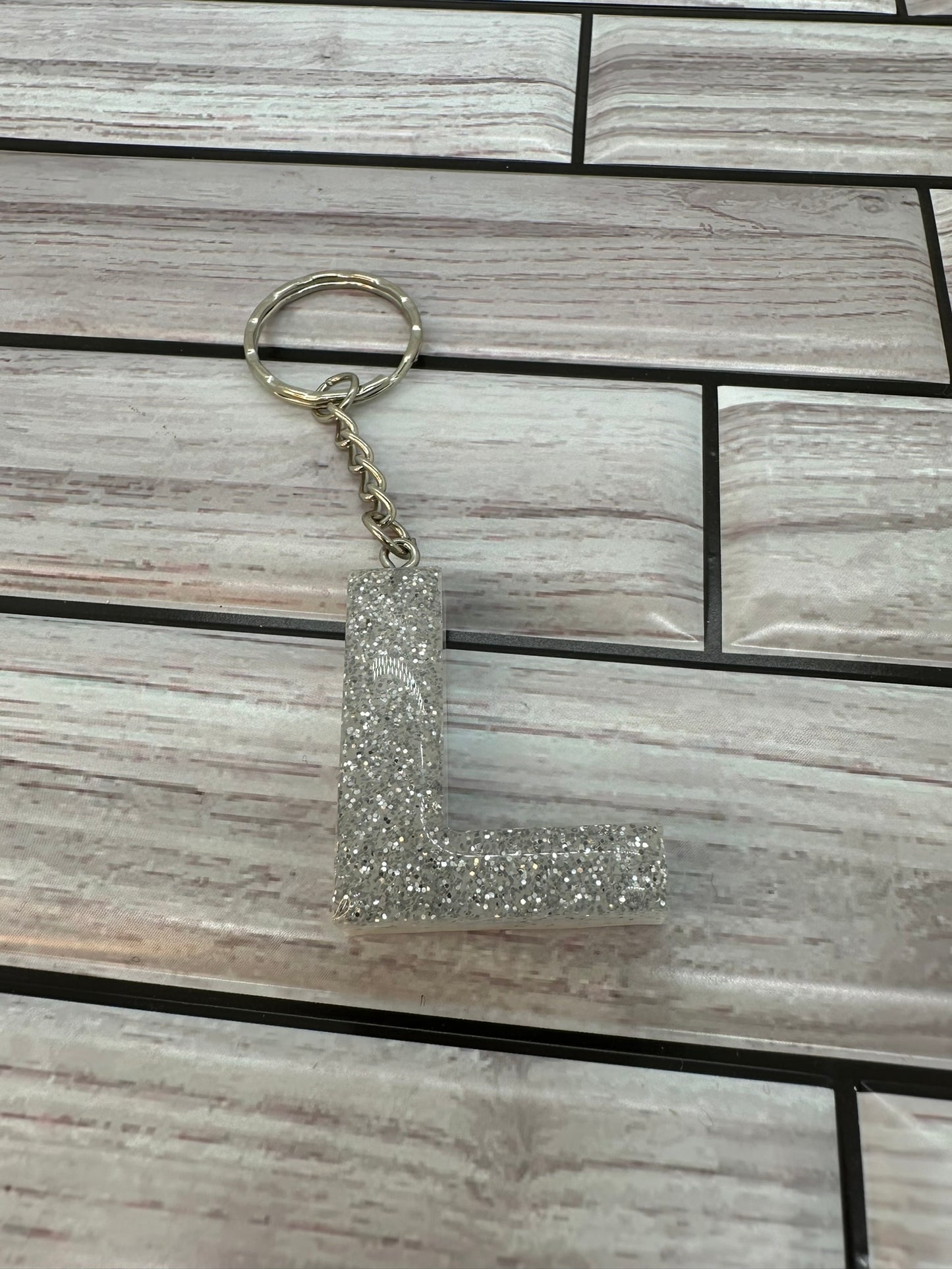 Silver Glitter Resin Letter L Keychain