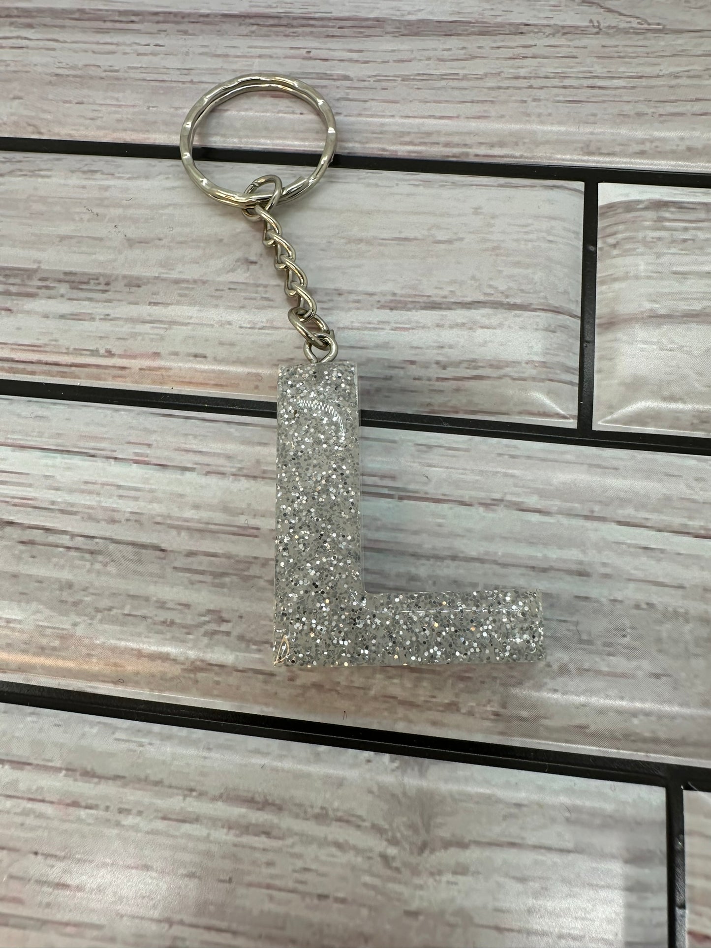 Silver Glitter Resin Letter L Keychain