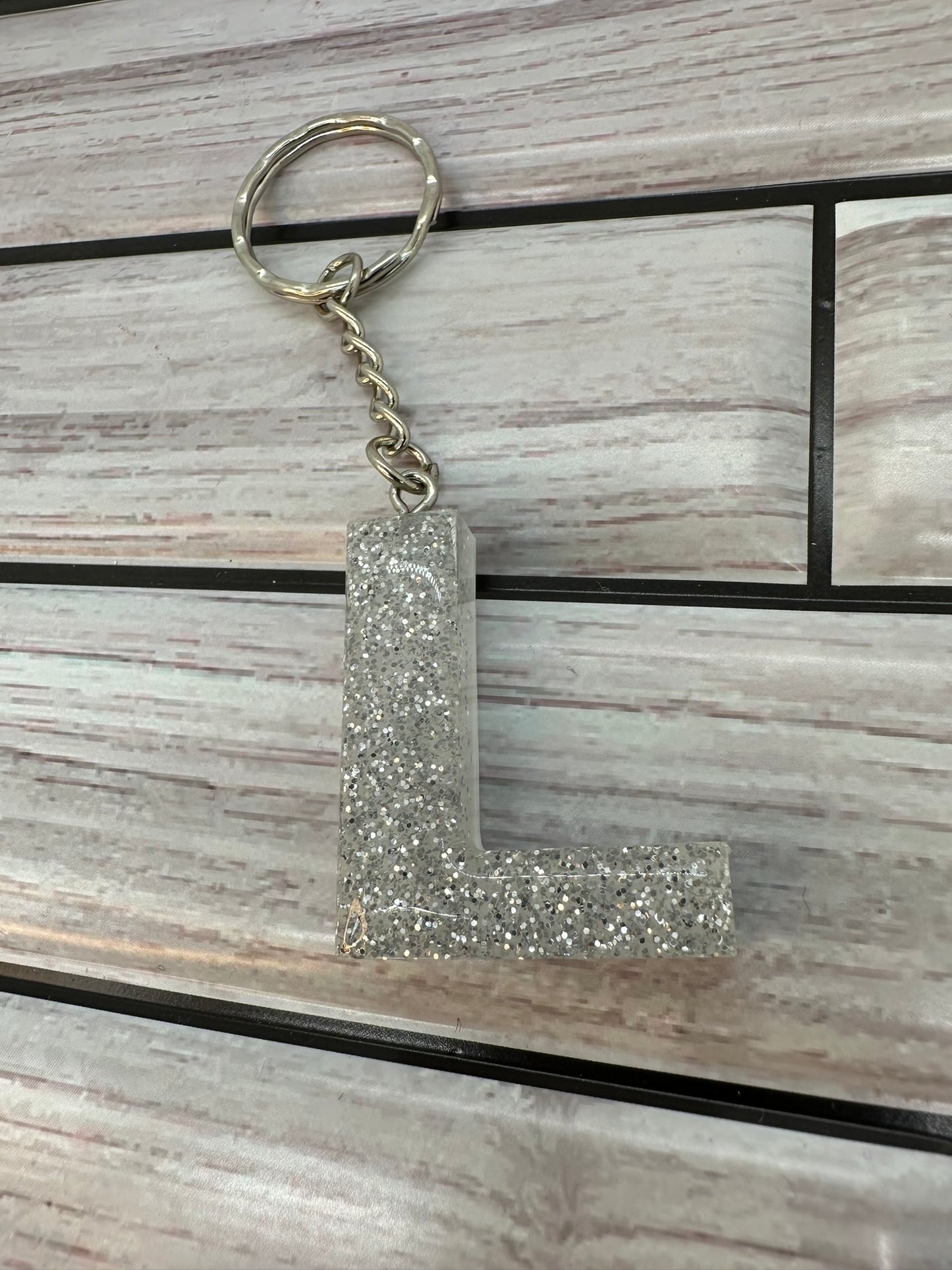 Silver Glitter Resin Letter L Keychain