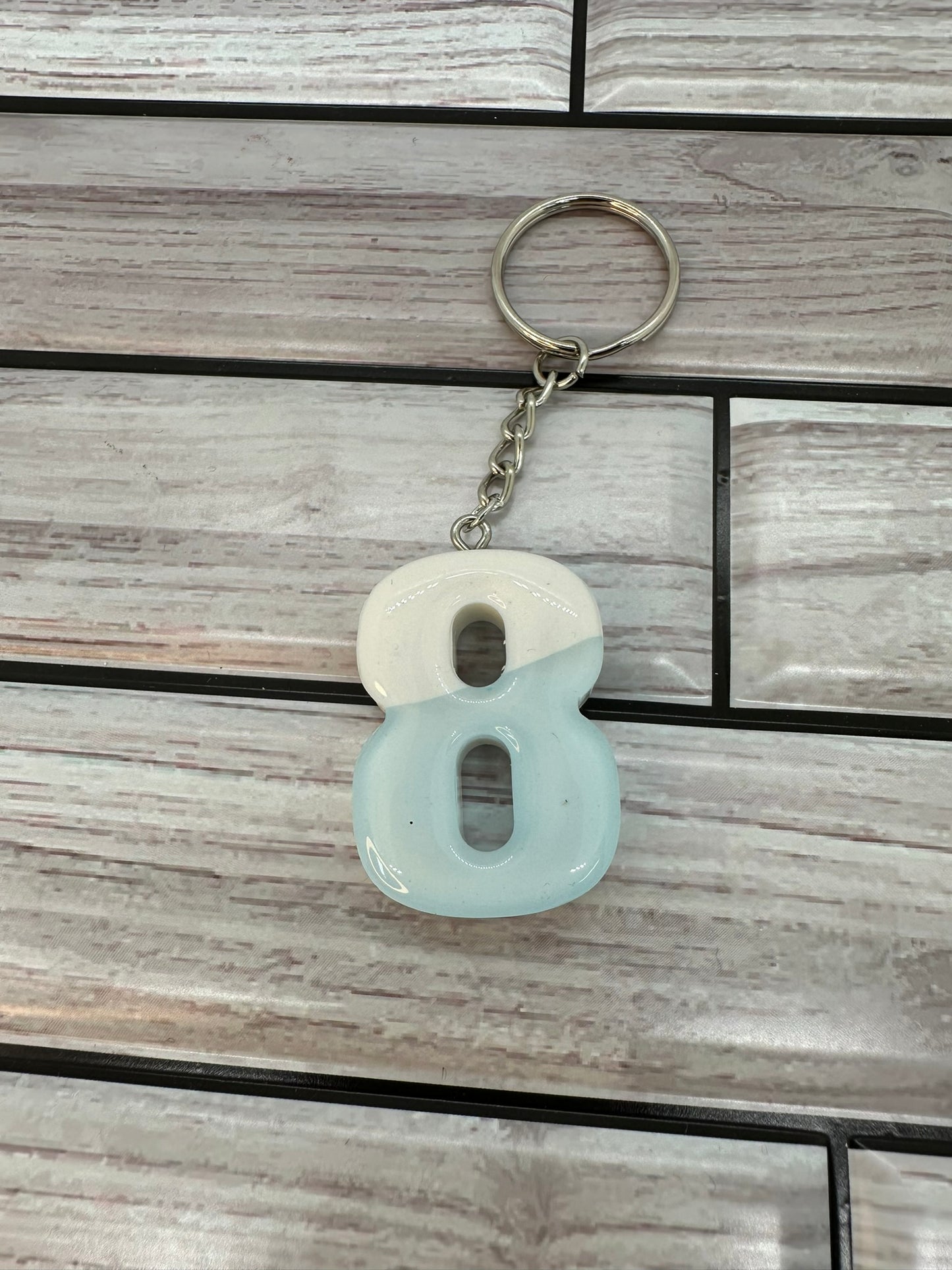 Blue and White Swirled Resin Number 8 Keychain