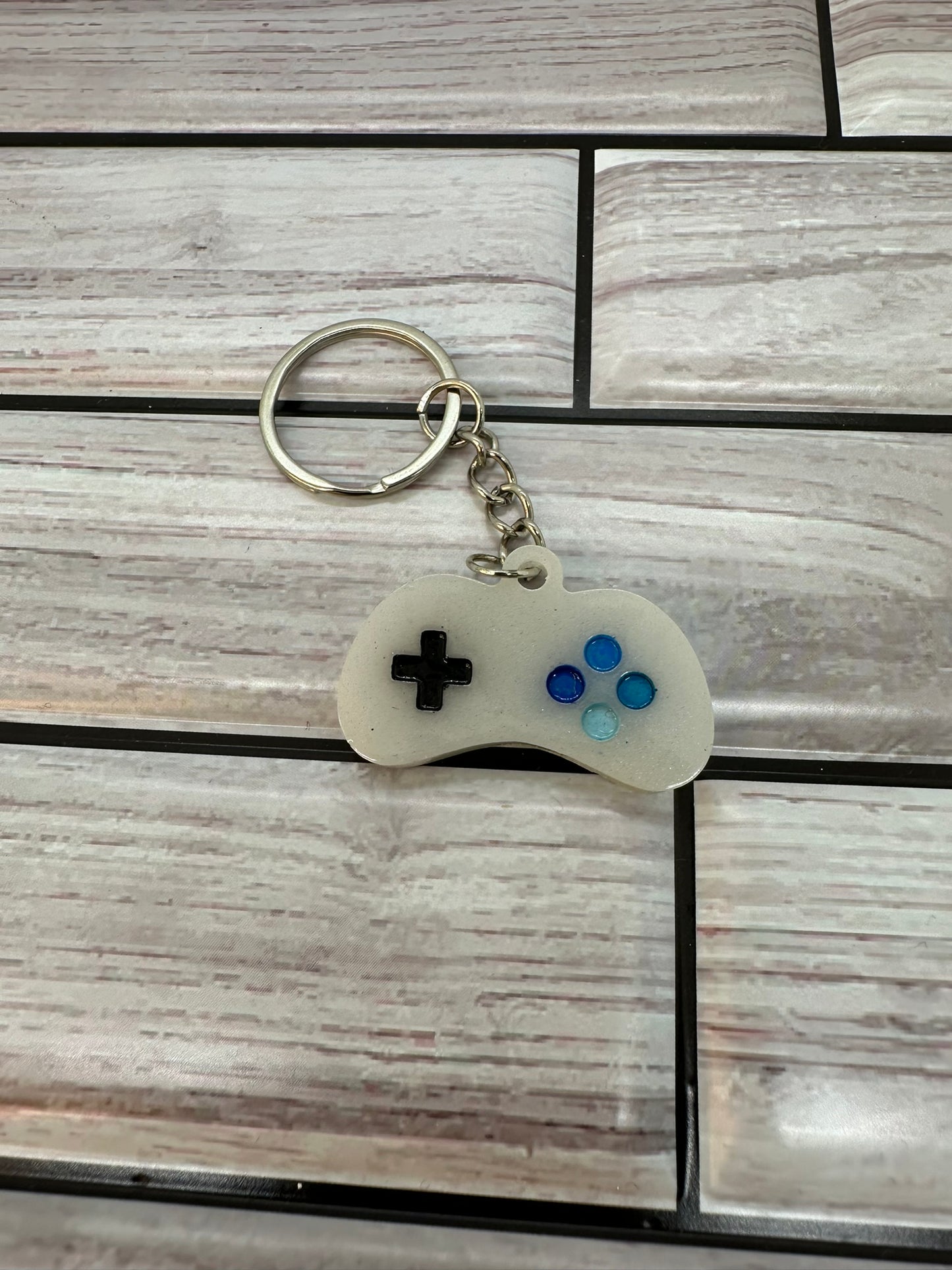 Unique White and Blue Game Controller Keychain