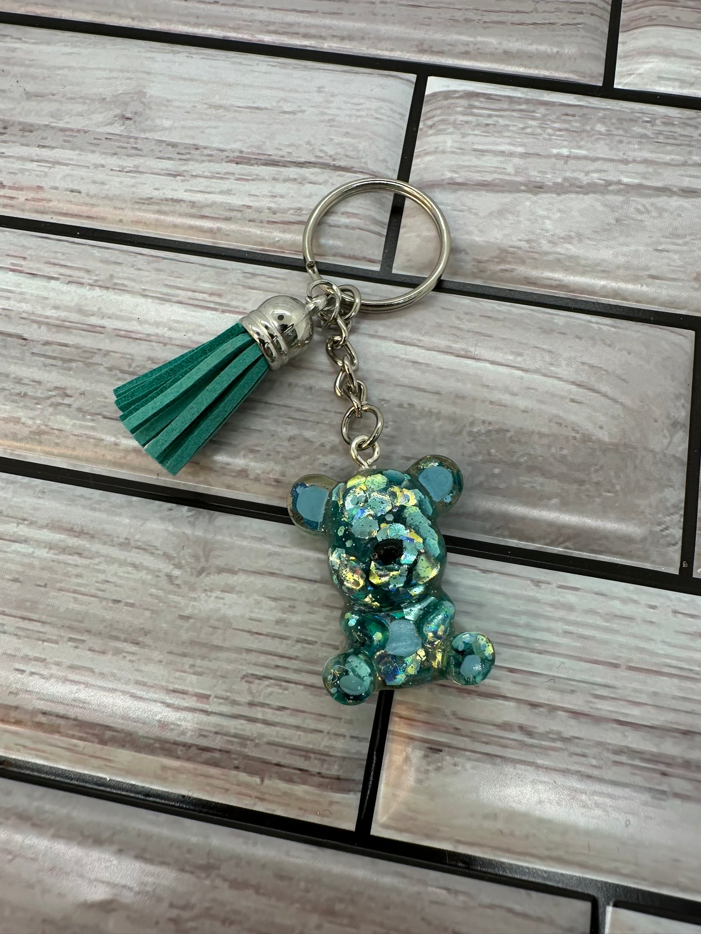 Teal Glitter Bear Keychain