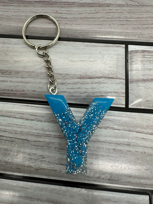 Resin Letter Y Blue and Silver Glitter Swirl Keychain