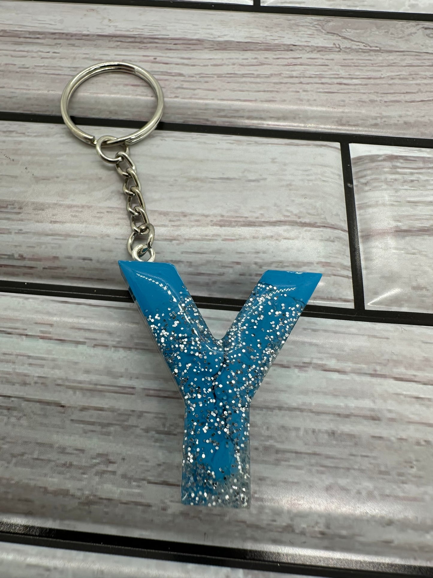 Resin Letter Y Blue and Silver Glitter Swirl Keychain