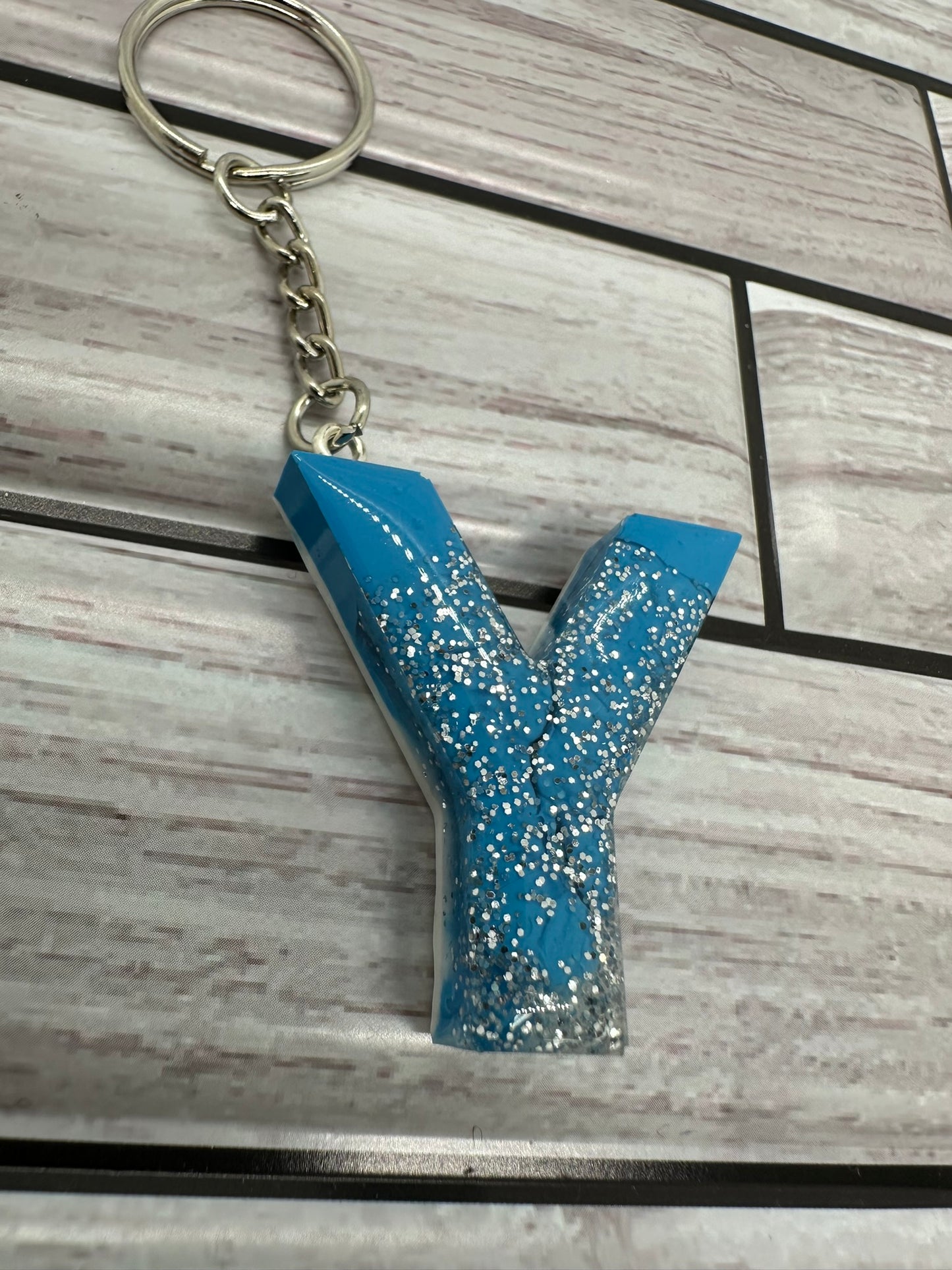 Resin Letter Y Blue and Silver Glitter Swirl Keychain