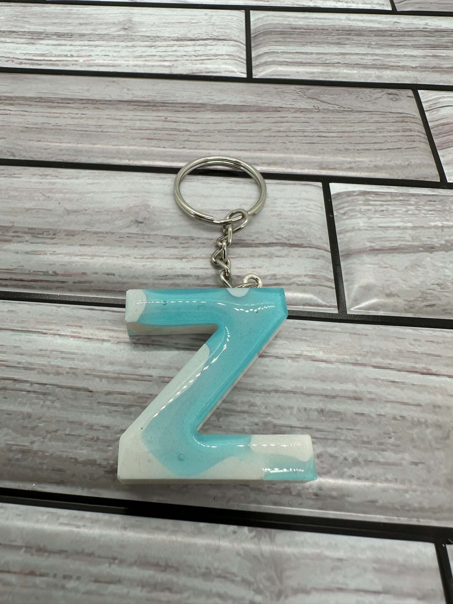 Resin Letter Z Light Blue and White Keychain