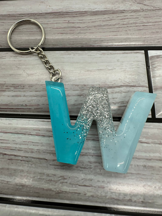 Resin Letter W Shades of Blue and Glitter Keychain