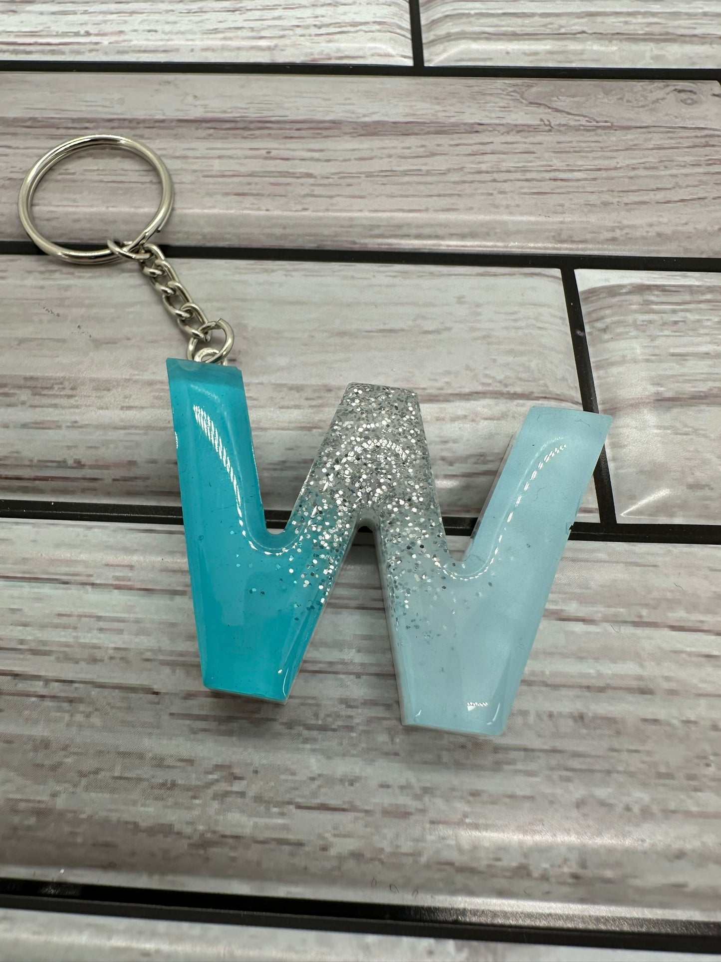 Resin Letter W Shades of Blue and Glitter Keychain