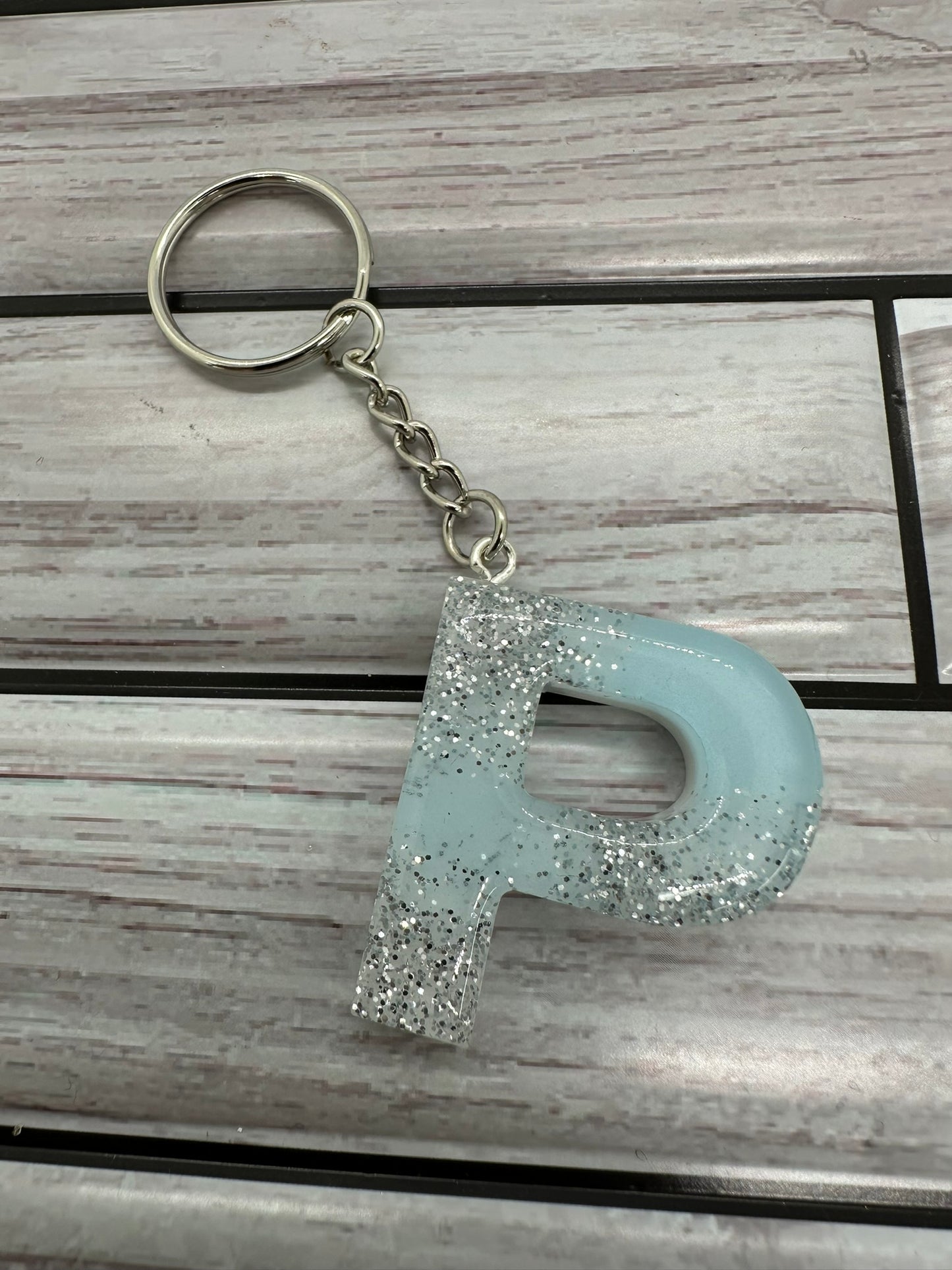 Resin Letter P Light Blue with Glitter Keychain