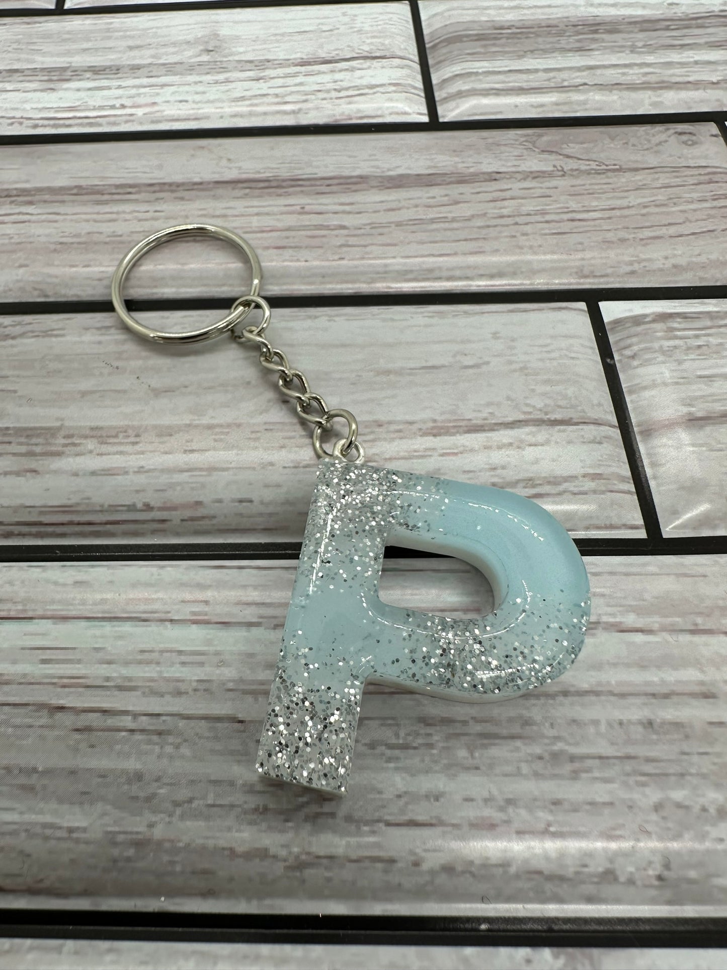 Resin Letter P Light Blue with Glitter Keychain