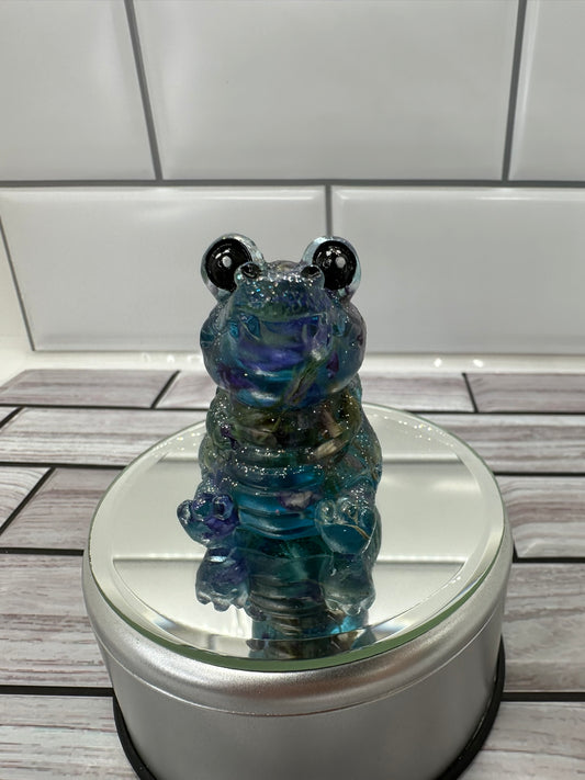 Blue Alligator with Real Flowers Resin Figurine