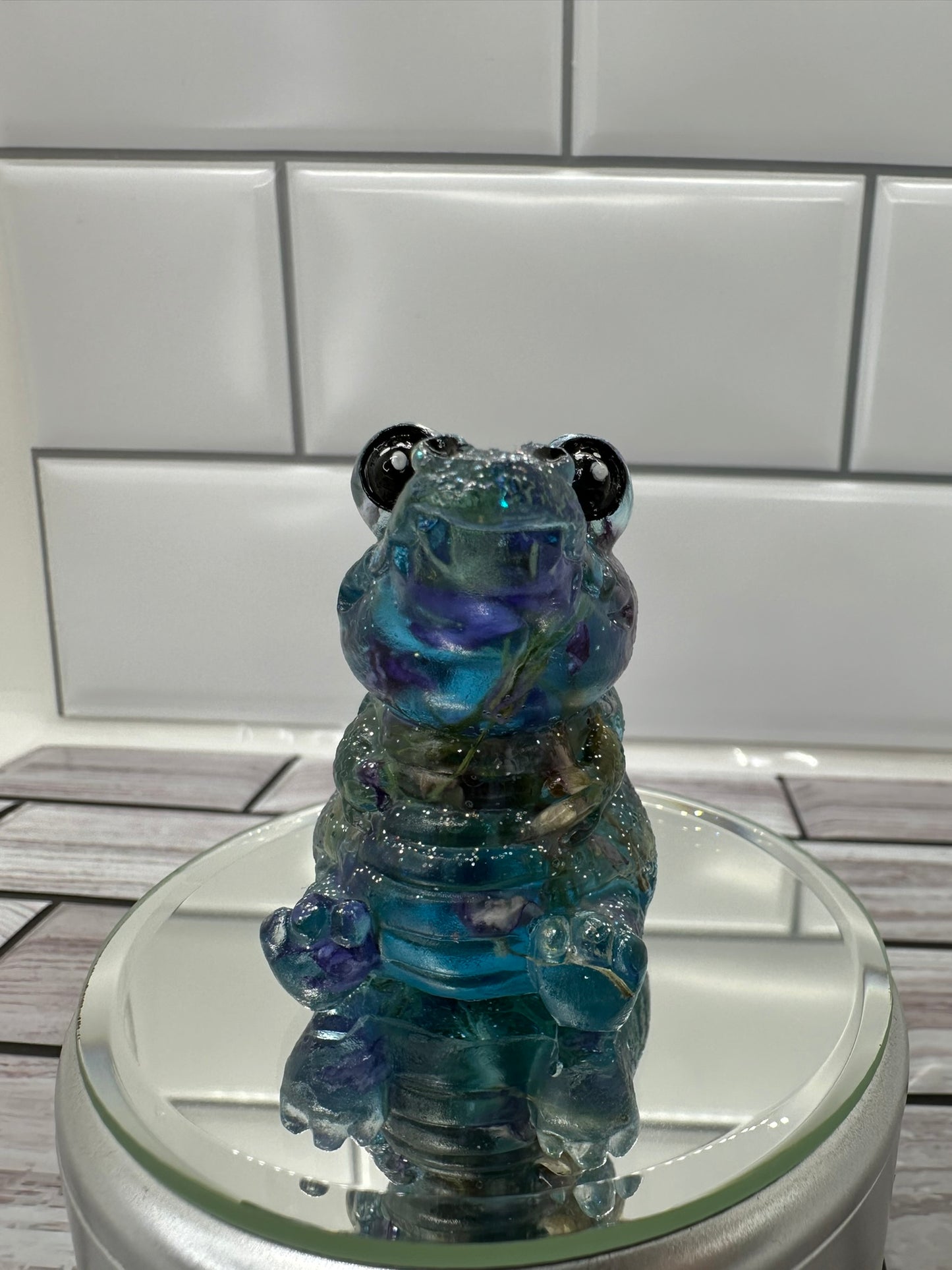 Blue Alligator with Real Flowers Resin Figurine