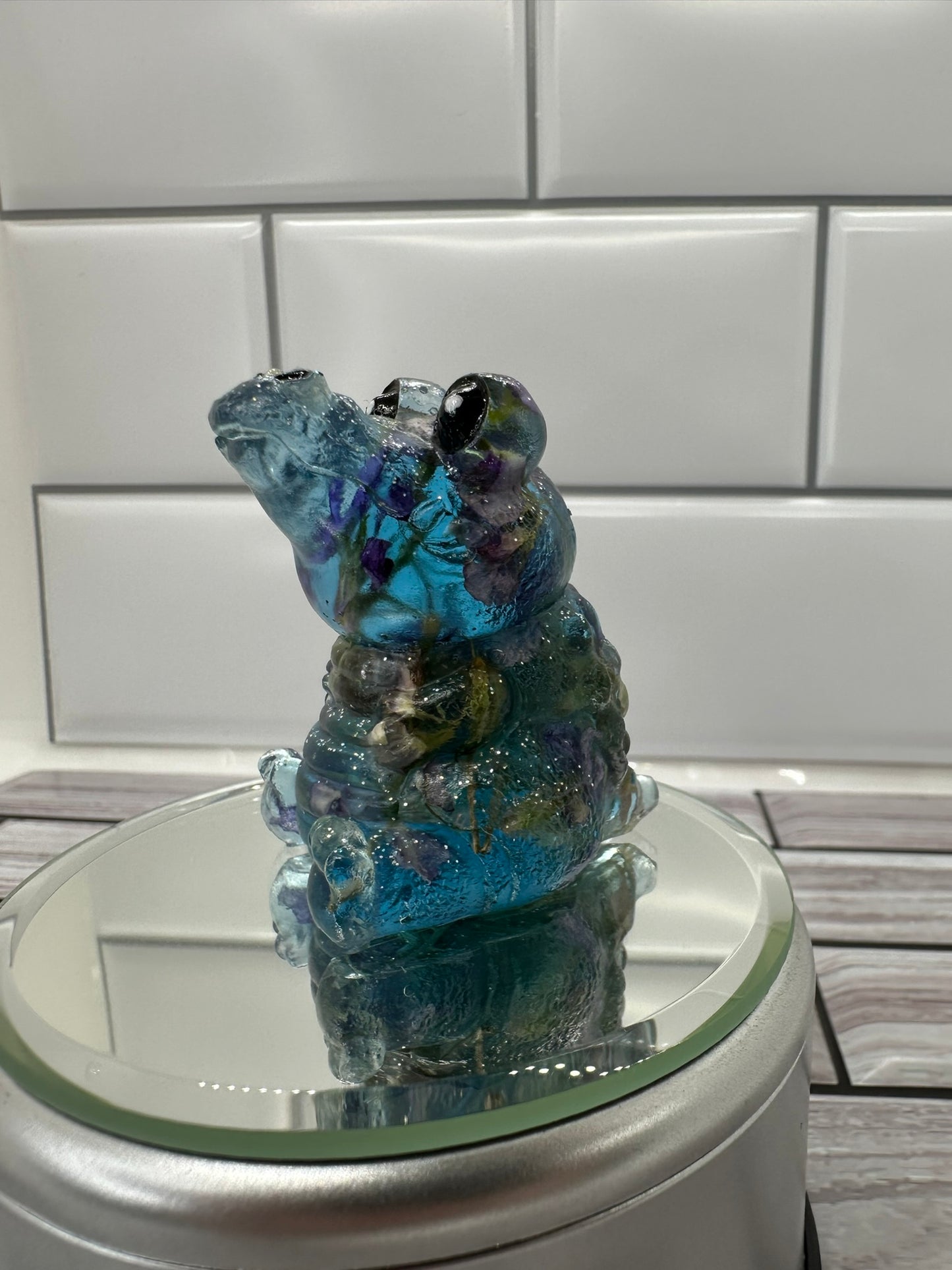 Blue Alligator with Real Flowers Resin Figurine