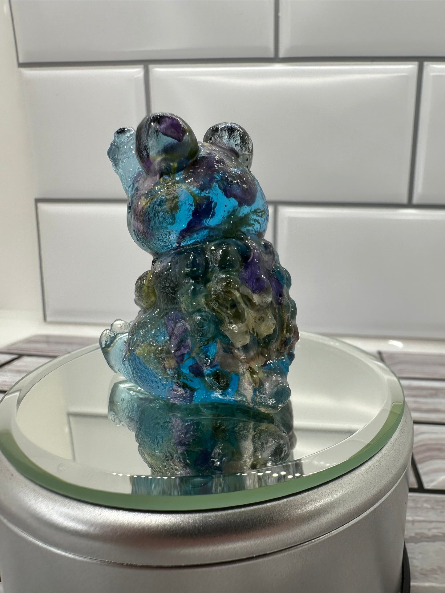 Blue Alligator with Real Flowers Resin Figurine