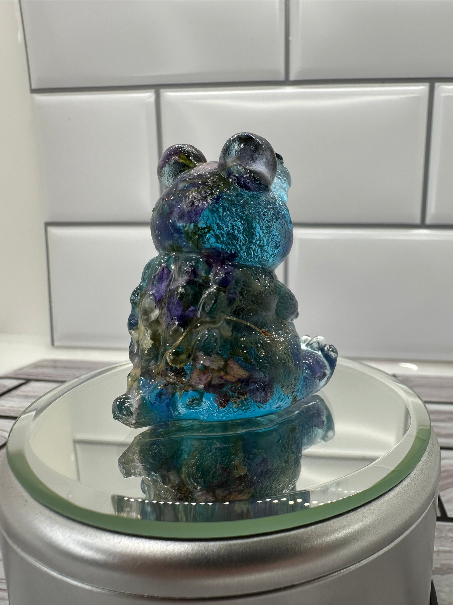 Blue Alligator with Real Flowers Resin Figurine