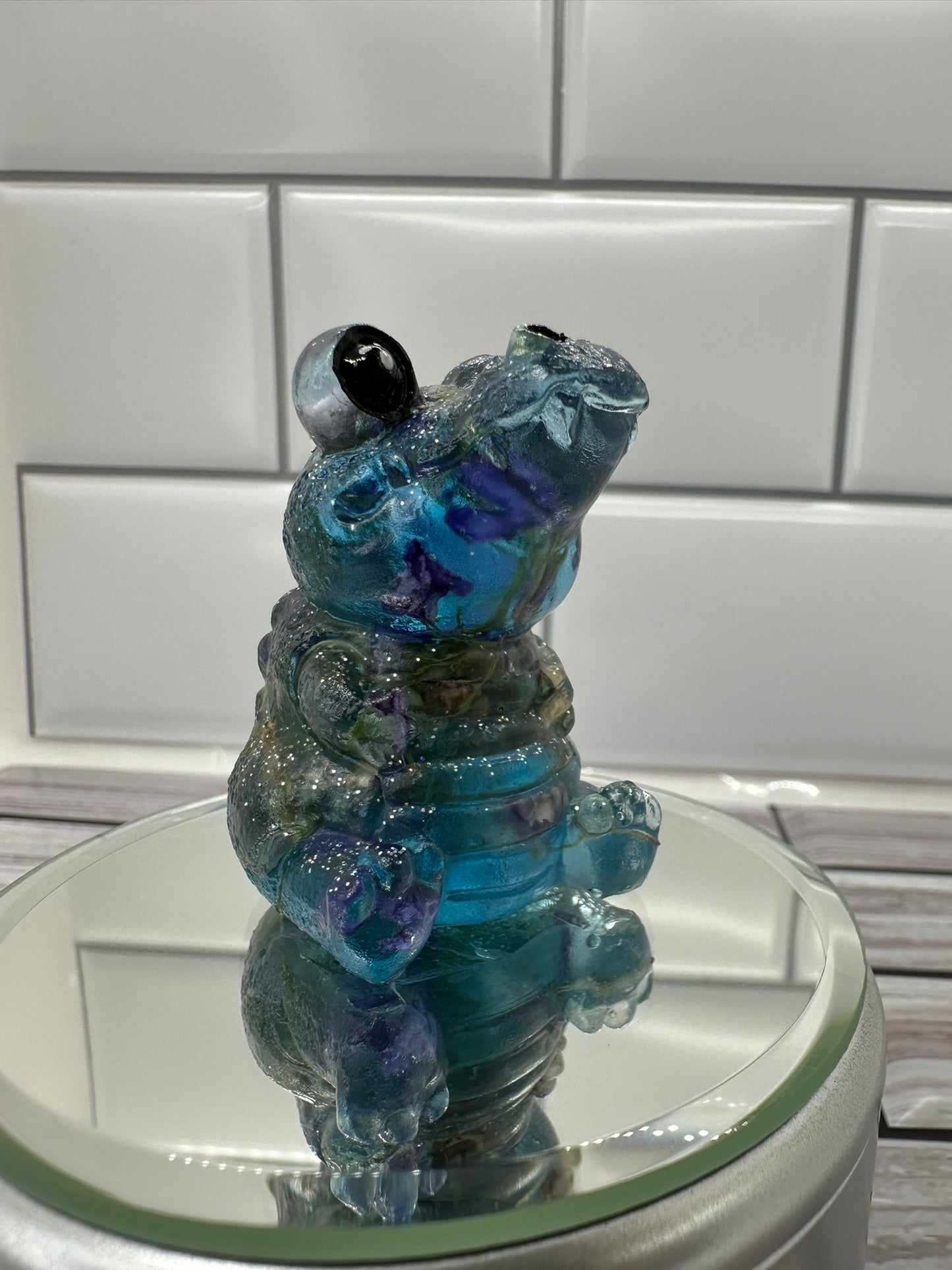 Blue Alligator with Real Flowers Resin Figurine