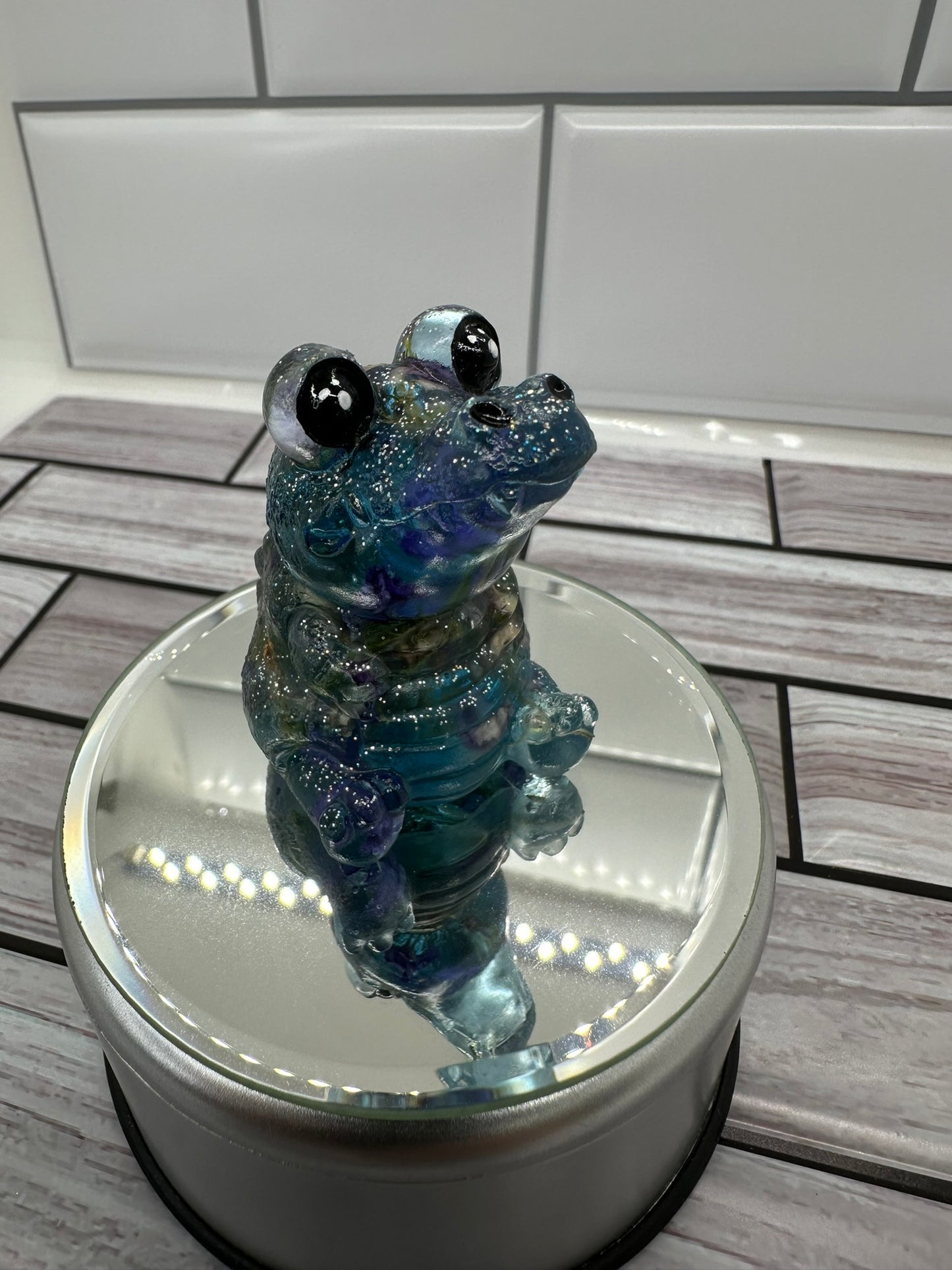 Blue Alligator with Real Flowers Resin Figurine