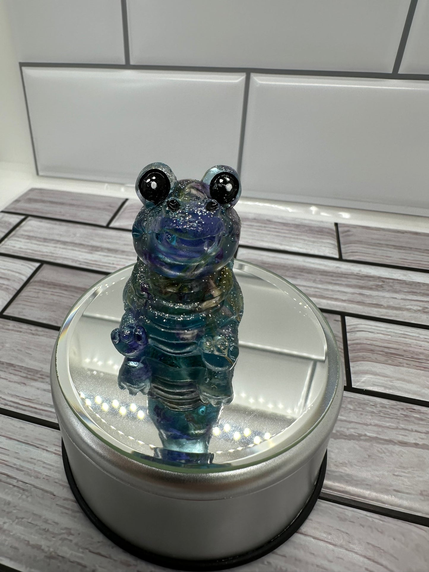 Blue Alligator with Real Flowers Resin Figurine